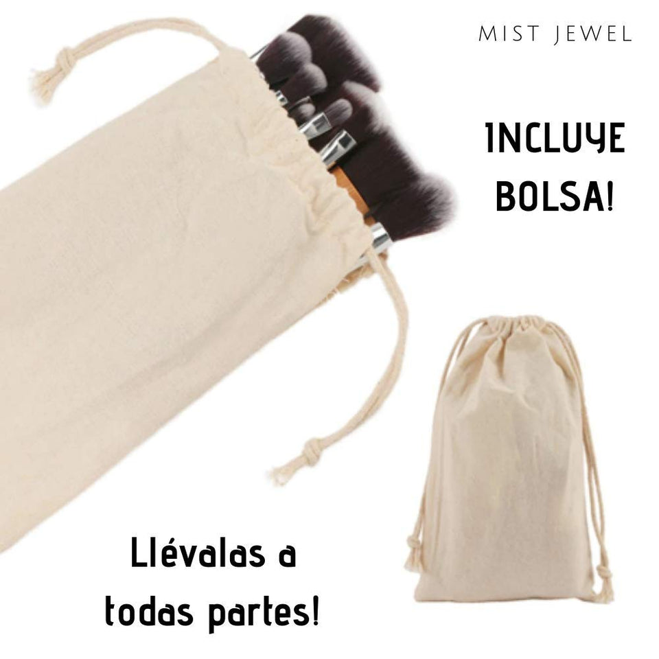 Set Brochas de maquillaje bambu orgánicas estilo Kabuki ecologicas para maquillaje profesional kit (makeup brush set) | Aplica Polvos, Base, Blush en cara y ojos