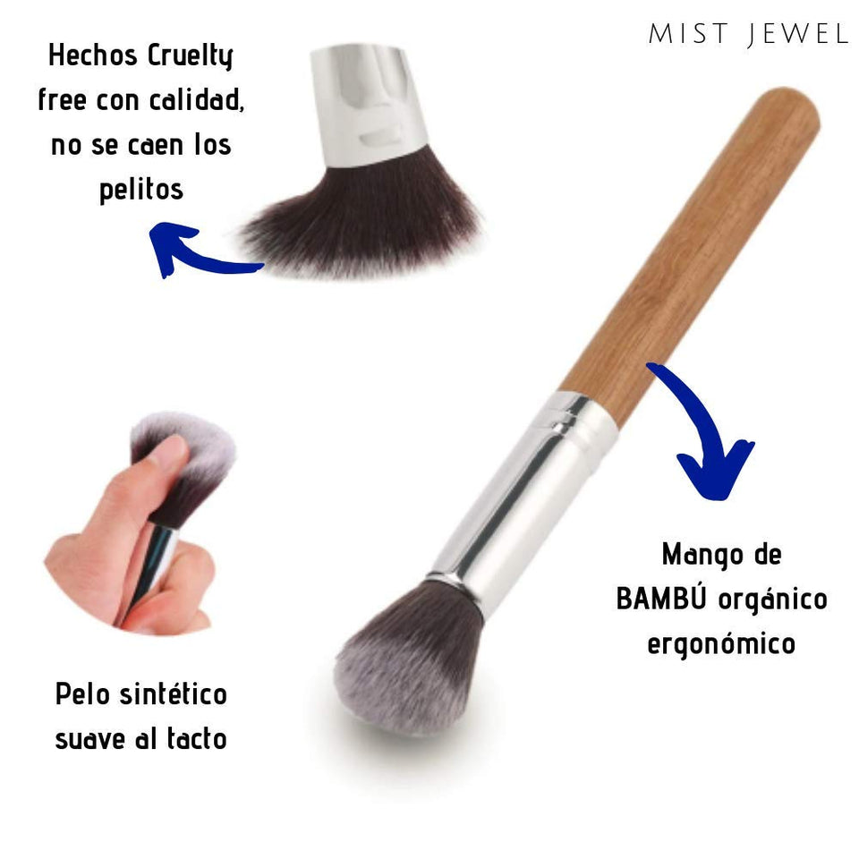 Set Brochas de maquillaje bambu orgánicas estilo Kabuki ecologicas para maquillaje profesional kit (makeup brush set) | Aplica Polvos, Base, Blush en cara y ojos