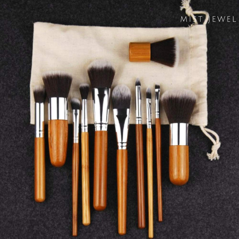 Set Brochas de maquillaje bambu orgánicas estilo Kabuki ecologicas para maquillaje profesional kit (makeup brush set) | Aplica Polvos, Base, Blush en cara y ojos