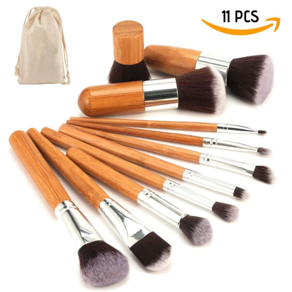 Set Brochas de maquillaje bambu orgánicas estilo Kabuki ecologicas para maquillaje profesional kit (makeup brush set) | Aplica Polvos, Base, Blush en cara y ojos