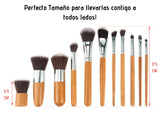 Set Brochas de maquillaje bambu orgánicas estilo Kabuki ecologicas para maquillaje profesional kit (makeup brush set) | Aplica Polvos, Base, Blush en cara y ojos