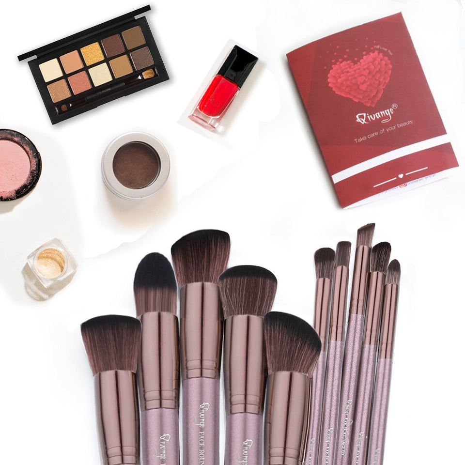 Pinceles de maquillaje, Qivange sintético Kabuki Pinceles de maquillaje Set Foundation Blush Powder Pinceles de sombra de ojos Cosmetic Brush Kit (10 piezas de café dorado)